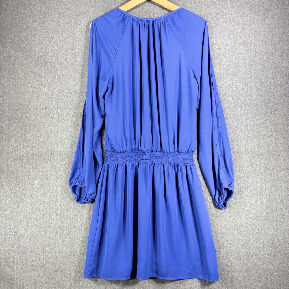 White House Black Market Dress Womens 12 Blue Cold Shoulder Smocked Waist V-Neck - Picture 2 of 6